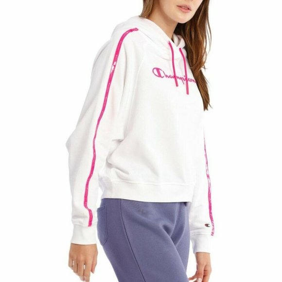 CHAMPION White Pink Stripe Tape Winter Cropped Hoodie Sweater Jumper - Picture 4 of 10